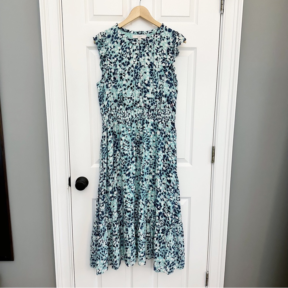 NWT LOFT Shimmer Floral Ruffle Sleeve Midi Dress Blue L
